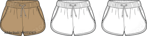 Women sporty shorts technical fashion illustration front views, elastic waistband drawstring design, curved hem detail, casual activewear apparel template, minimalist clothing mockup isolated
