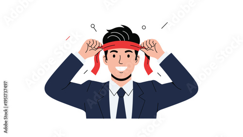 Determined businessman tying a red bandana around his head to show focus and preparation for a difficult challenge.