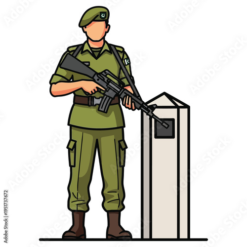 pakistani soldier standing guard with rifle next to concrete barrier, military personnel in uniform