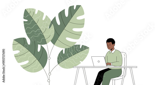 Modern Black male professional driving digital innovation in a sustainable biophilic remote office environment