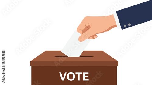 Close up view of a hand in a suit jacket sleeve placing a white paper ballot into a brown wooden voting box with vote text.