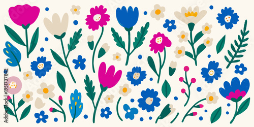 Colorful floral arrangement with various stylized blooms and green foliage