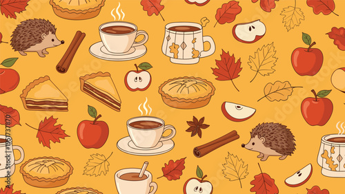 Seamless autumn pattern with hedgehogs, apple slices, cinnamon sticks, maple leaves, and coffee cups on a warm orange background for fall decor.