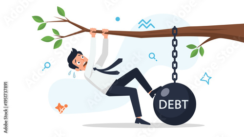 Worried businessman hanging from a tree branch while a heavy black debt weight is chained to his leg over white.