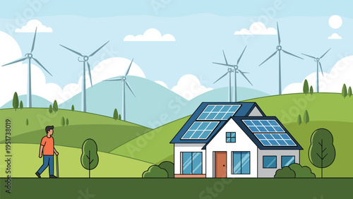 Modern eco friendly house design with solar panels on the roof and wind turbines in the background hills to promote green renewable energy.