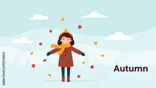 Happy young girl in autumn coat and scarf playing with falling red and orange leaves in a city park under a cloudy sky with text autumn.