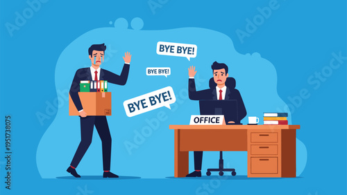 Emotional businessman carrying a box of office supplies walks away from his desk after being fired or quitting his job.