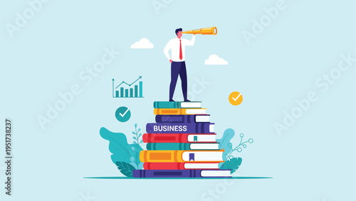 Intelligent businessman stands on a high stack of books using a telescope to look toward future goals and knowledge.