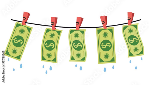 Dollar bills are hanging on a clothesline, dripping water in a visual representation of money laundering.