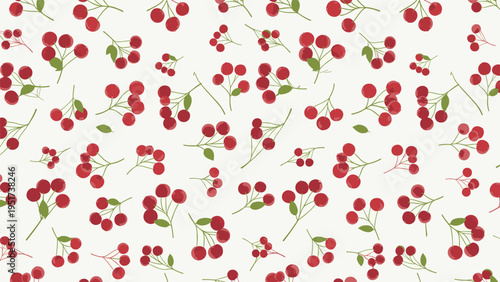 Seamless pattern of ripe red berries with green leaves on a light cream background creating a fresh and natural fruit texture for textiles.