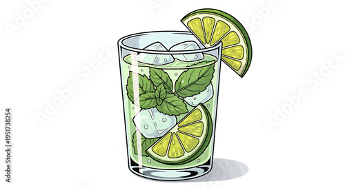 Fresh mojito cocktail with lime slices and mint leaves in glass