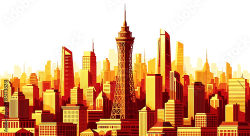 City skyline with tall buildings and tower on white background