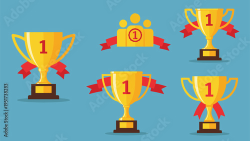 Collection of golden first place trophy cups with red ribbons and number one symbols on a blue background.