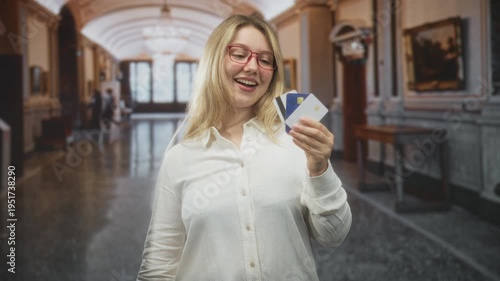 Woman holding creditcards and smiling while sometimes covering eyes with her hand in an ornate building hallway; joy financial confidence.