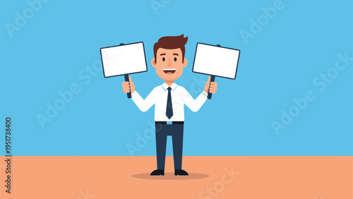 Smiling man in a white shirt and tie holding up two blank white signs for custom messages or advertisements.