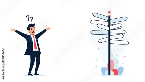 Confused businessman standing at a crossroads with multiple directional signs wondering which path to take in career.