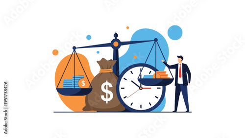 Focused businessman balances stacks of money and time on a large scale to represent the importance of work life balance.