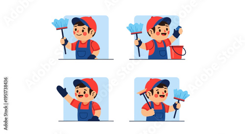Cleaning Service Character Set Housekeeping Cartoon Vector Illustrations Isolated on White Background