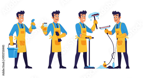 Cleaning Service Character Set Housekeeping Cartoon Vector Illustrations Isolated on White Background