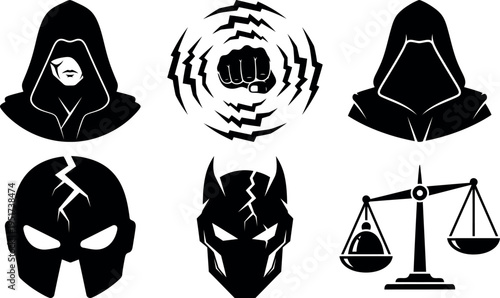 Collection of mysterious and powerful vector icons with cracked masks and symbols