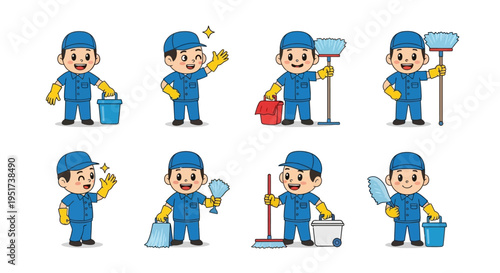 Cleaning Service Character Set Housekeeping Cartoon Vector Illustrations Isolated on White Background
