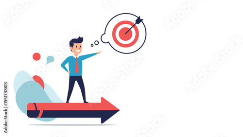 Motivated businessman rides a large red arrow pointing toward a target symbol representing goal setting and achievement.
