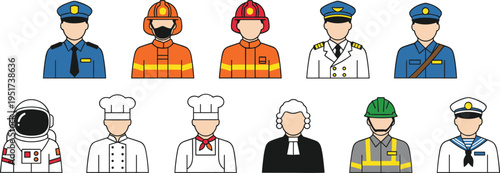 Collection of professional worker avatars featuring policeman firefighter pilot astronaut chef judge engineer and sailor characters for career and education design.