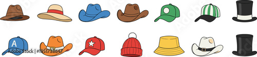 Collection of hat and headwear vector icons featuring cowboy hats baseball caps beanies sun hats and top hats in colorful line art style.