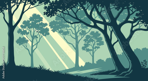 Serene forest scene with sunbeams filtering through the trees, creating a tranquil and natural landscape