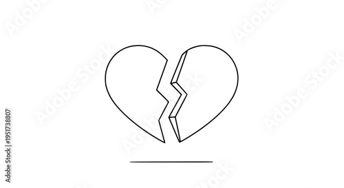 Minimalist black outline icon representing a heart symbol broken cleanly in half suggesting emotional distress, failure, or relationship separation concept.