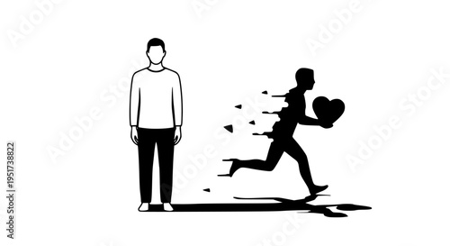 Abstract vector illustration depicting a man transforming from a static state into a dynamic runner holding a heart, symbolizing emotional transformation and the pursuit of passion.