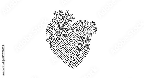 Black and white anatomical human heart shape creatively designed as a complex solvable maze puzzle icon symbolizing life challenges and decision making.
