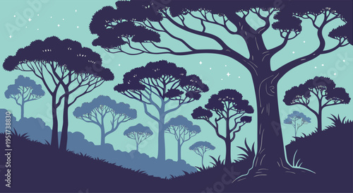 Vast Silhouette Forest Landscape with Lush Trees and Starry Night Sky