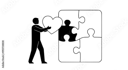 Silhouette person carefully placing a heart-shaped puzzle piece into an incomplete puzzle, representing themes of love, connection, teamwork, completion, solution, and integration.