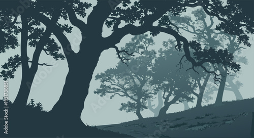 Misty Morning Forest Landscape with Silhouetted Trees and Gentle Slopes