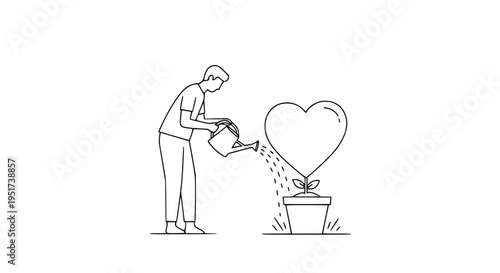 Person watering a growing heart plant in a pot symbolizing care, nurturing, growth, relationship building, and self-love development concept.