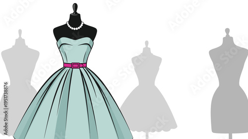 Elegant light blue dress on a mannequin with a pink belt and pearl necklace surrounded by several gray shadows of other fashion displays.