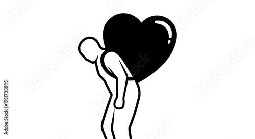 Stylized pictogram of a person struggling while carrying a very large, heavy, solid black heart shape on their back against white background.