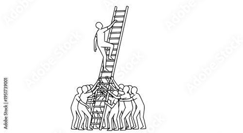 Line art illustration showing a single person climbing a ladder, firmly supported by a collaborative team below. This concept represents collective effort and achieving success together .