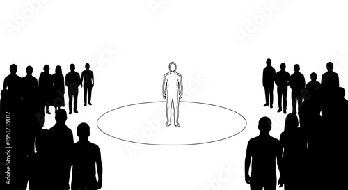 Outline figure standing inside protective circle boundary observing surrounding crowd silhouettes representing social distancing, isolation, or personal space management.