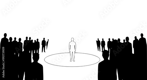 Conceptual illustration of an individual standing spotlighted in a circle facing a large group of dark silhouette figures in an abstract setting.