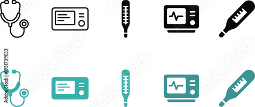 Medical equipment vector icons set featuring stethoscope thermometer heart rate monitor and medical devices in outline and solid styles for healthcare.