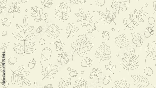 Minimalist line art pattern showing various types of autumn leaves and acorns in a hand drawn sketch style for fall seasonal backgrounds.