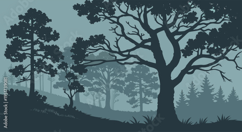 Misty Forest Silhouette Illustration A Serene Landscape of Trees Under a Hazy Sky