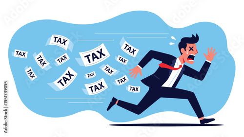 Panicked businessman runs away from a swarm of flying papers with the word tax printed on them in a humorous style.