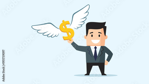 Happy businessman in a suit holding a gold dollar sign with white wings representing fast money or inflation.