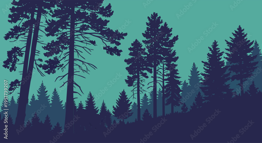 Fototapeta premium A Stunning Vector Illustration of a Dark Forest with Evergreen Trees Silhouetted Against a Teal Sky