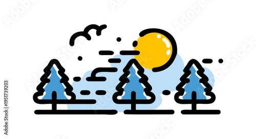 Vibrant cartoon-style illustration of a sunny forest scene with stylized evergreen trees and a bright sun