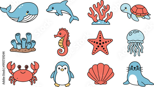 Set of cute sea animal characters vector featuring whale dolphin turtle seahorse penguin crab and coral reef in kawaii cartoon style for kids.