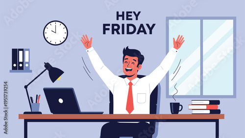 Joyful man in a white shirt and tie at his office desk with arms raised celebrating friday and the weekend.